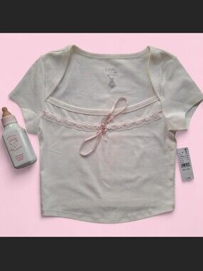 Pacsun White Baby Tee with Pink Bow Ribbon and Lace Detail Size S